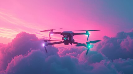 Drone technology highlighted against a neon backdrop, minimalist style capturing innovation