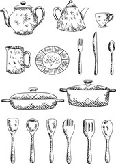 graphic black ink vector kitchenware set