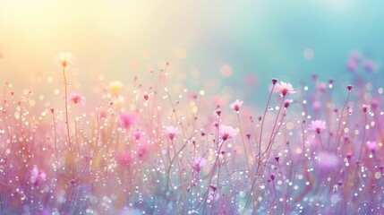 Early spring flowers and dew in a softly lit, pastel meadow, minimalist design