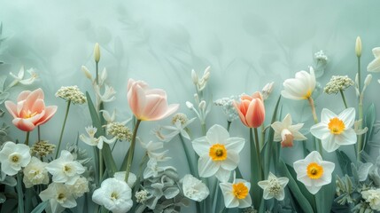 Dew-kissed tulips and daffodils in a minimalist pastel garden scene, capturing spring freshness - obrazy, fototapety, plakaty
