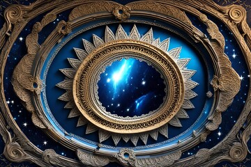 A 3D Wallpaper Stretch Ceiling Decoration Model Featuring a Mesmerizing Mandala and Ornate Decorative Frame, Against a Galaxy of Stars Background—a Spectacular Fusion of Elegance and Cosmic Wonder, Tr