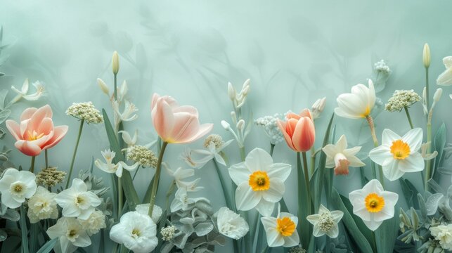 Dew-kissed tulips and daffodils in a minimalist pastel garden scene, capturing spring freshness