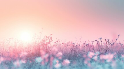 Pastel sunrise over a minimal landscape, frost melting, early spring flowers peeking through