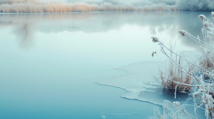 Soft pastel toned river, minimal ice floes melting, reflection of the first spring buds - obrazy, fototapety, plakaty