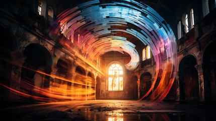 Abandoned Hall with Dynamic Light Arcs and Reflective Floor