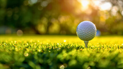 Closeup low angle photography of a white golf ball on tee ready to play, placed on the grass on the sunny summer day on the golf course field. Leisure time activities, sport recreation outdoor - obrazy, fototapety, plakaty