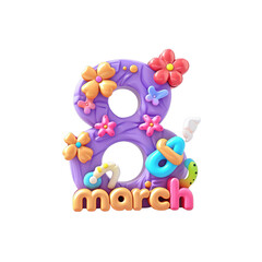 8 march womens day 3d render illustration on transparent background.