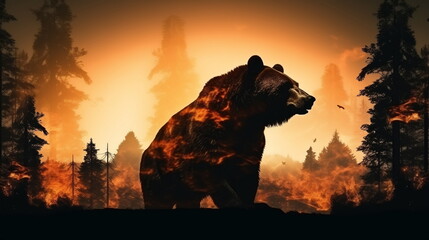 Large brown bear escapes from a forest fire	
