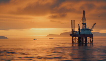 Beautiful sunset evening sky over the oil platform, lost in the calm Northern European seas, lit with warm light. Petroleum and gas extract and process exploration industry concept wide-angle image