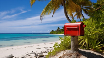 Red mailbox for letters on abandoned tropical island beach lost in the sea. Copy space	