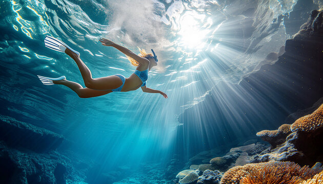 Young woman Freediver in bikini and Full Foot Fins, snorkeling mask silhouette wide angle shot while girl swimming up sea surface level with incredible sunbeams flares. Extreme active people concept