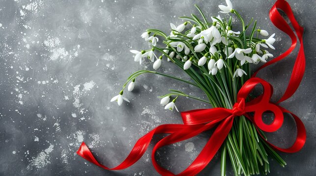 Background postcard for Women's day, eight from a red ribbon and a bouquet of snowdrops on a white  background, March 8