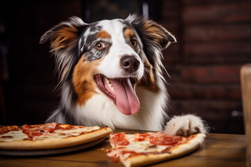 Happy smiling australian shepherd dog having pizza dinner a pet friendly restaurant