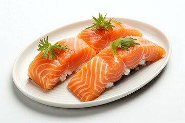 salmon steak, fillet with herbs against isolated white background.