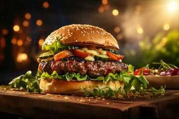 Top view of hamburger on a wooden background, grilled beef steak with vegetables. Fast food restaurant menu