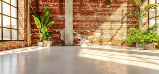 Empty room in loft with large windows and plants. Brick wall in loft interior. Studio or office empty space. Loft studio Interior in an old house. Large windows, brick red wall
