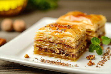 slice of baklava, a Turkish dessert with layers of filo pastry, nuts, and honey, cut into diamond shapes, in the style of sweet, crunchy, sticky