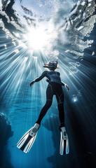 Young woman Freediver in wetsuit and Full Foot Fins, snorkeling mask silhouette wide angle shot while girl swimming up sea surface level with incredible sunbeams flares. Extreme active people concept - obrazy, fototapety, plakaty