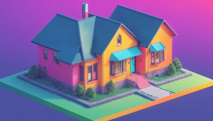 Isometric view of a detached single-family house in very colorful color combinations of the eighties