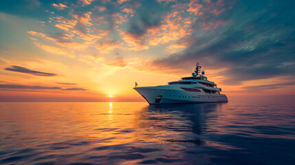 Luxurious expensive white yacht boat on sea or ocean water during the sunset photography. Summer cruise ship, water tourism for the rich and wealthy