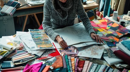 fashion designer meticulously selects textiles amidst a vibrant array of fabric swatches and sketches, a snapshot of the creative process in fashion design