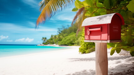 	
Mailbox for letters on sunny tropical island beach. Copy space
