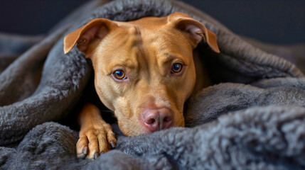 Sad and friendly pitbull dog lying indoors under the blanket closeup photography