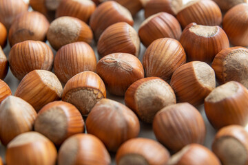 natural hazelnuts on white surface - close macro photo
