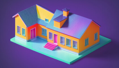 Isometric view of a detached single-family house in very colorful color combinations of the eighties