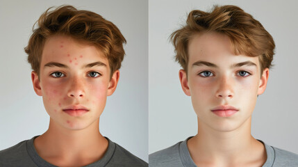 Young man or teenage boy dermatology acne treatment before and after. Teenager facial skin inflammation or irritation in puberty, pimples or spots, infections and scars, allergy removal compare result - obrazy, fototapety, plakaty