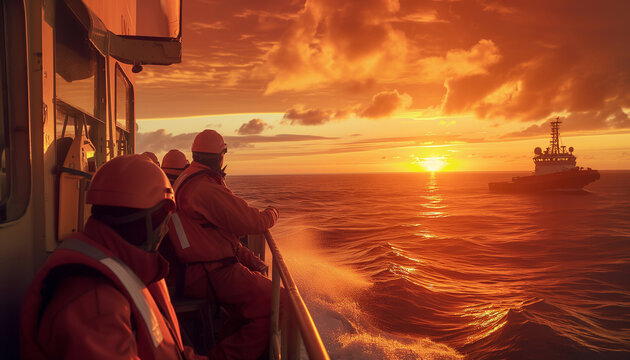 Golden hour photo of sailorman dressed uniform floating open sea on marine vessel. Fishing and angling industry concept image.