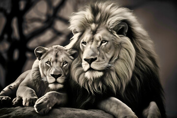 Black and white portrait photography of a lion and lioness