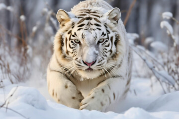 Fototapeta na wymiar Photography of a striped Bengal or Siberian white tiger wild cat in the snowy wilderness, looking at the camera