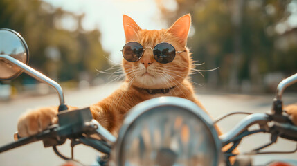 Cute yellow cat pet animal driving a chopper motorcycle, wearing sunglasses, portrait photography, traffic scooter transportation