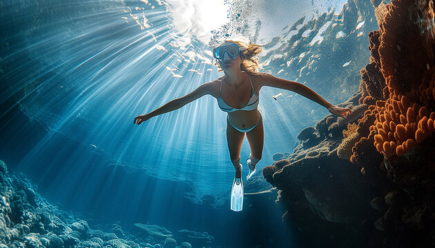 Young woman Freediver in bikini and Full Foot Fins, snorkeling mask silhouette wide angle shot while girl swimming up sea surface level with incredible sunbeams flares. Extreme active people concept