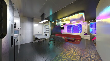 夜景が見えるベッドルーム　3DCGレンダリング