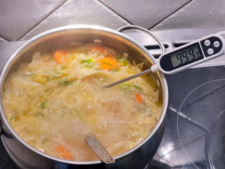 Measure temperature in a cooking cabbage soup. Digital thermometer 99,9 C