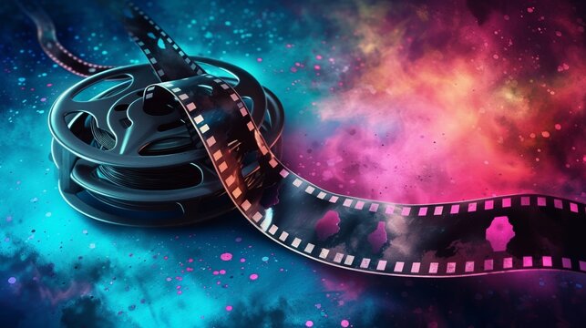 Naklejki Cinematic Classic: 3D Film Reel on Vibrant Background
