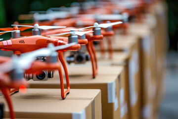 Rows of bright orange drones lined up on cardboard boxes in a distribution center, illustrating mass production of unmanned aerial vehicles, commonly deployed in various fields such as agriculture
