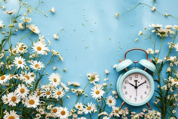 A vintage alarm clock surrounded by a vibrant array of spring flowers on a soothing pastel...