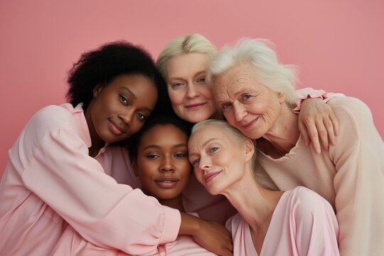 Group of diverse women of different ages and ethnities posing together, symbolizing unity and multigenerational beauty on a pink background..