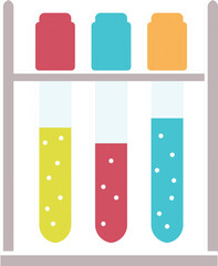 Test tubes filled colorful liquids bubbles science experiment laboratory rack. Chemistry lab research equipment flat design isolated white background. Different colored solutions tubes science