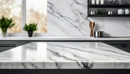 Marble stone empty table top of kitchen island on white modern kitchen interior background. Scene stage showcase for montage you products, promotion sale or advertising