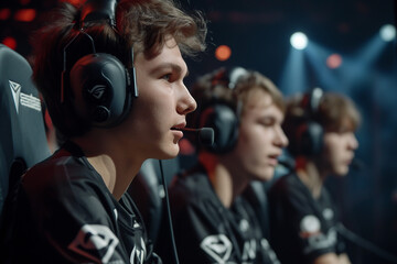 Team of Teenage Gamers Play in Multiplayer PC Video Game on a eSport Tournament Captain Gives Commands into Microphone Trying Strategically Win the Game