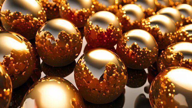 Golden spheres shining in the light, with fine decorations on their surface.
