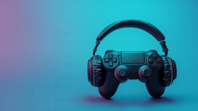 Black standard videogame controller, headphones and game console on a blue gradient background.