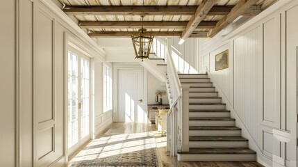 Rustic Farmhouse Entrance: White Plaster Staircase and Timber Beams