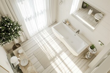 Modern White Bathroom Interior Design with Top View of Bathtub and Sink
