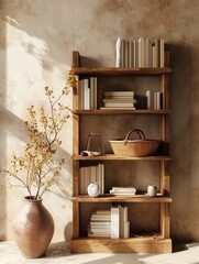 Rustic Wooden Shelving Unit in Modern Living Room Interior