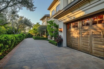 Fototapeta na wymiar Elegant Suburban Home Garage Door View: A Luxurious Interior Vista